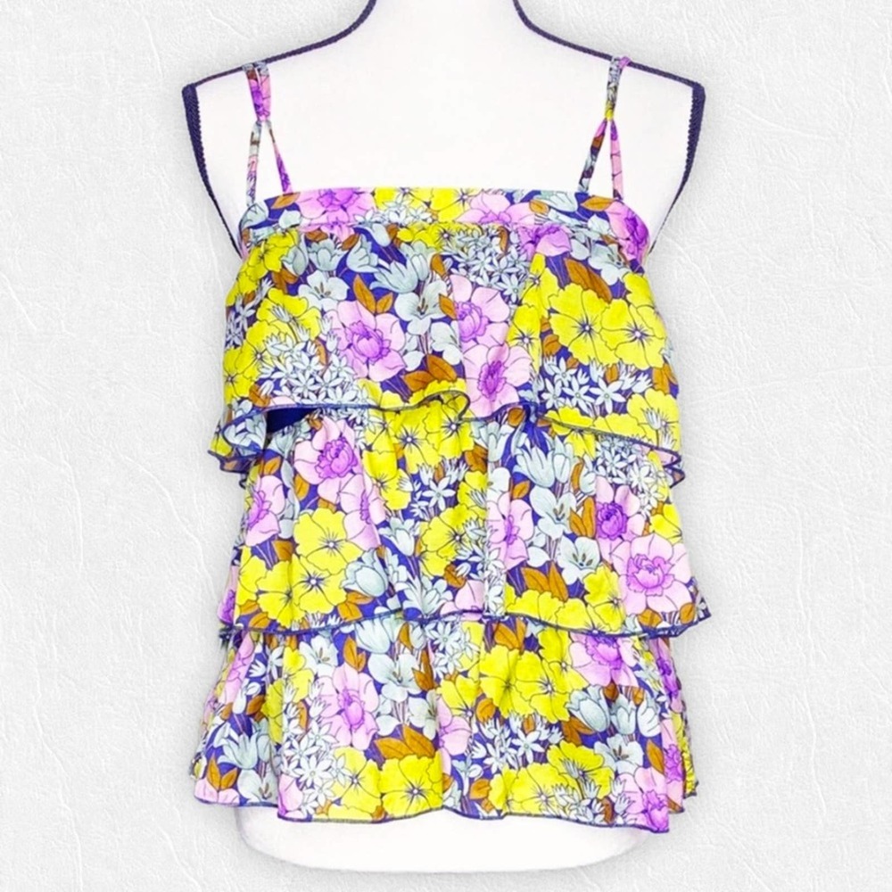 Anthropologie LeifNotes Bright Colorful Floral Tiered Ruffle Square Neck Blouse